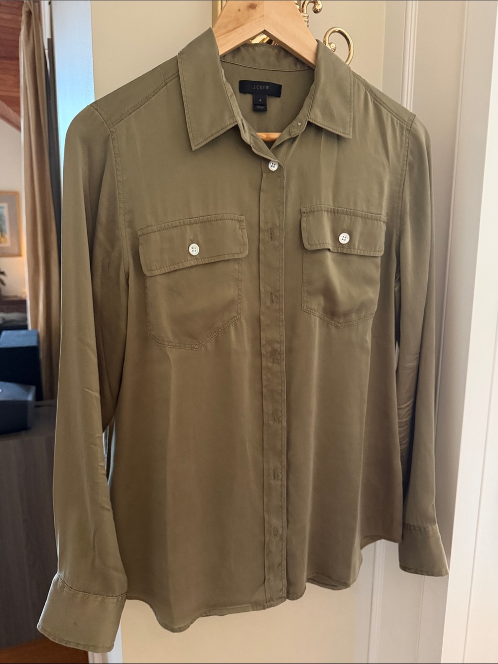 J. Crew Silk Olive Green Button-Front Utility Shirt